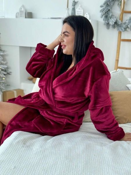 Теплий жіночий махровий бордовий халат PLUS SIZE DO2614/3-4XL фото