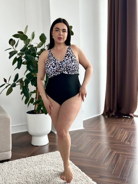 Суцільний чорний купальник PLUS SIZE леопардовий принт SW3495-5XL фото