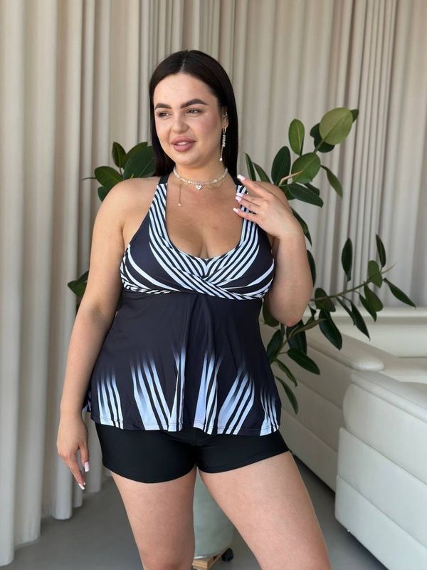 Чорно-білий купальник танкіні PLUS SIZE з шортиками SW1548-XL фото