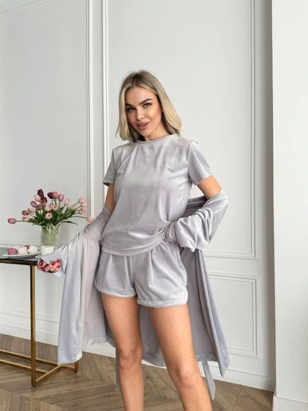 Велюрова сіра піжама трійка з халатом DO2822/1-XL-2XL фото