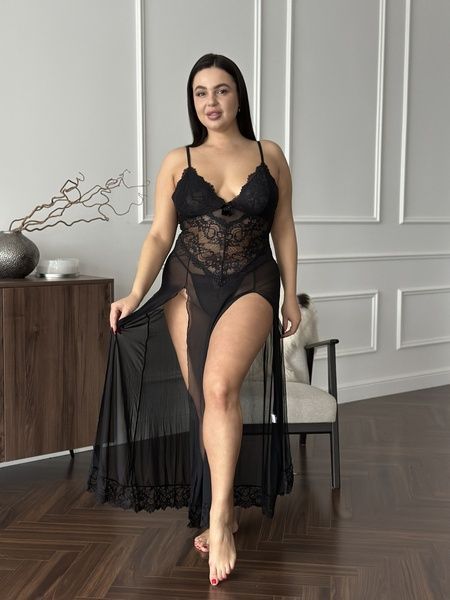 Розкішна чорна мереживна довга сорочка PLUS SIZE DO3794-4XL фото