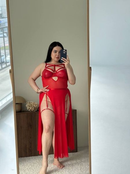 Еротичний боді PLUS SIZE зі спідничкою та шкіряними вставками червоний DO4083-4XL фото