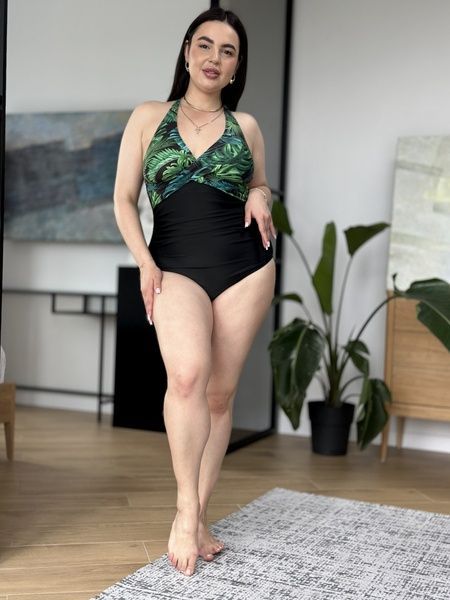 Чорний суцільний купальникPLUS SIZE з тропічним принтом з утяжкою SW3684-XL фото