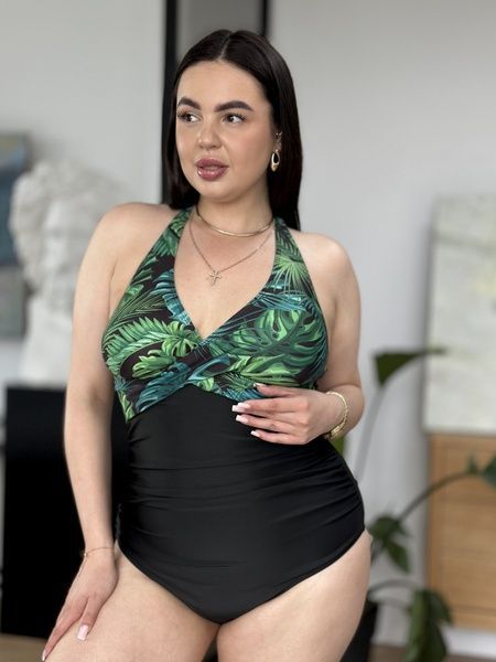 Чорний суцільний купальникPLUS SIZE з тропічним принтом з утяжкою SW3684-XL фото